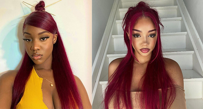 Burgundy Straight Lace Frontal Wig Can Do Different Hairstyles.