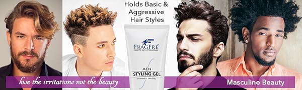 Men with stylish hairstyles posing with a tube of FragFre Men Styling Gel Firm Hold