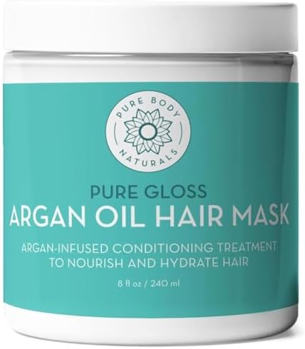 Pure Body Naturals Hair Mask, 8 Fluid Ounces - Argan Oil Deep Conditioning Treatment for Damaged Hair, Hair Growth, Curly Hair