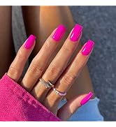 Hot Pink Nails Press ons Neon Pink Press on Nails Medium Square Glue on Nails Medium Length Short...