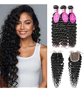 Vipobidy Human Hair Bundles with 4x4 HD Lace Closure Natural Black (Deep Wave Bundles with Closur...