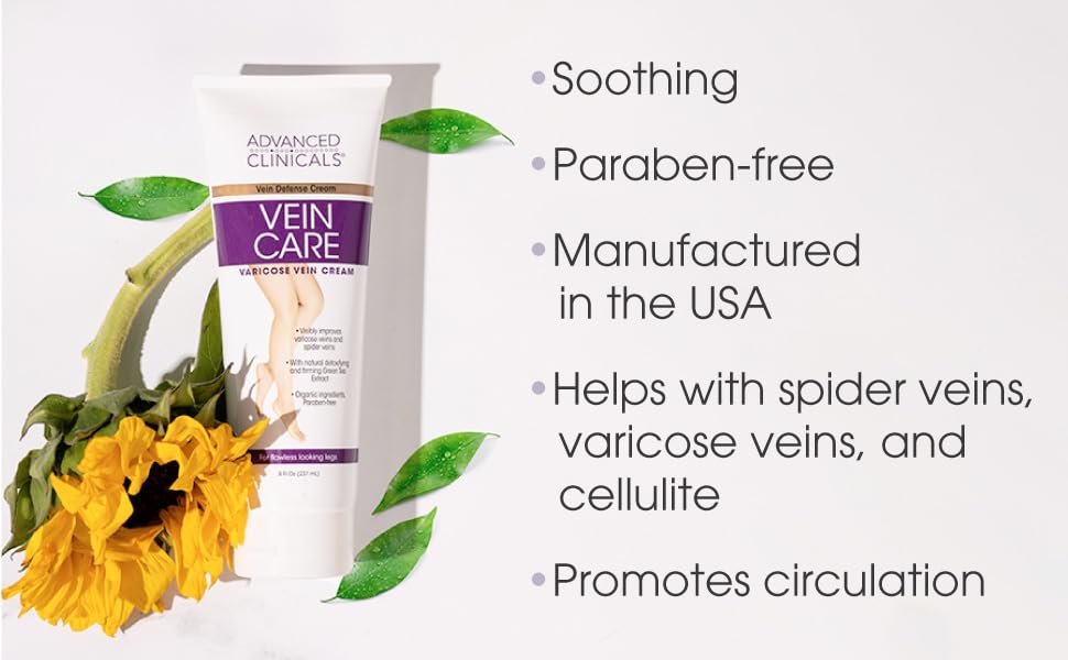 Soothing, paraben-free, manufactured in USA, helps with spider veins, varicose veins, & cellulite
