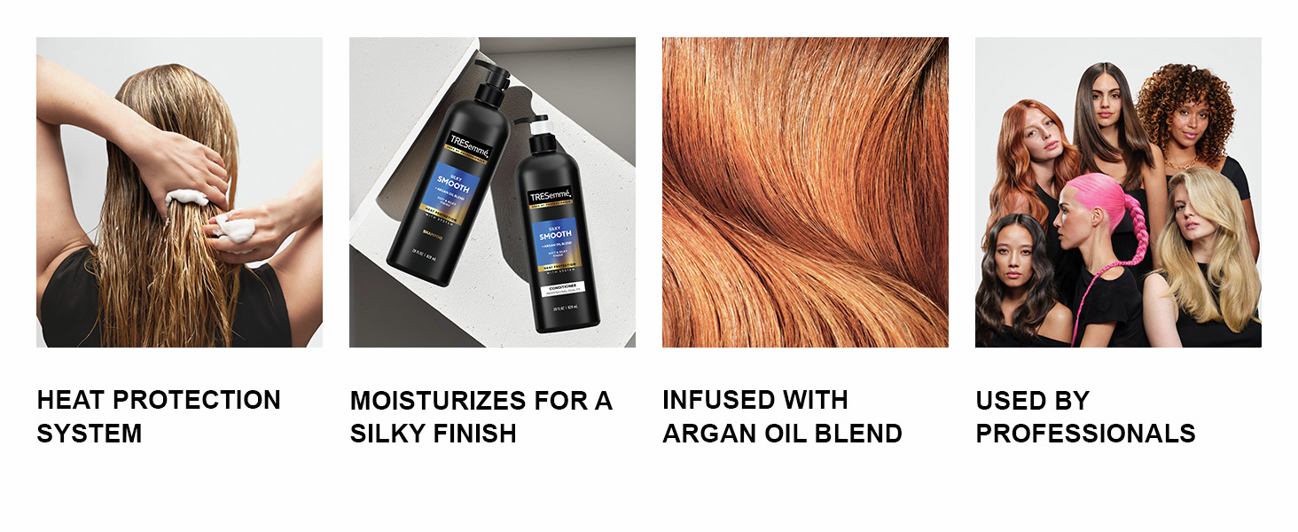 Hands lathering hair, TreSemmé bottles, radiant hair close-up, & diverse models with bold styles.