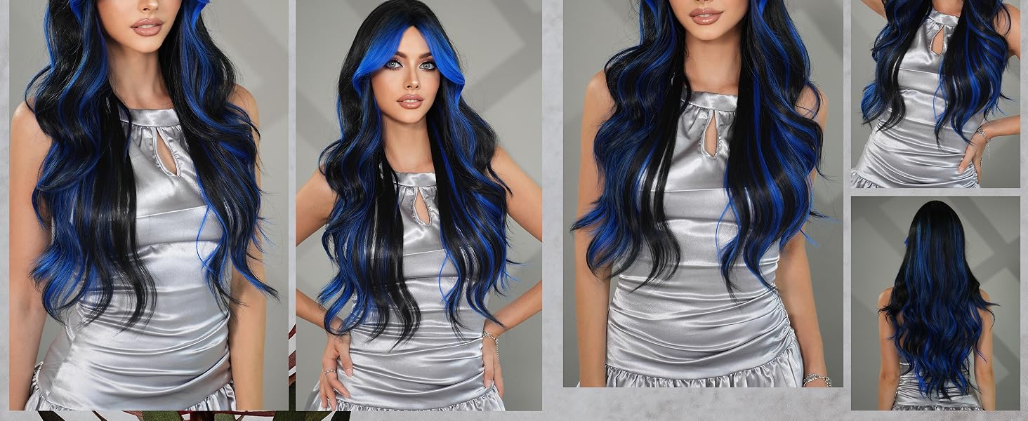 long wavy ombre black and blue wigs