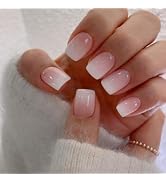 Ombre Pink Press on Nails Short Square, Short Fake Nails Glue on Short Square Nails Press ons, So...